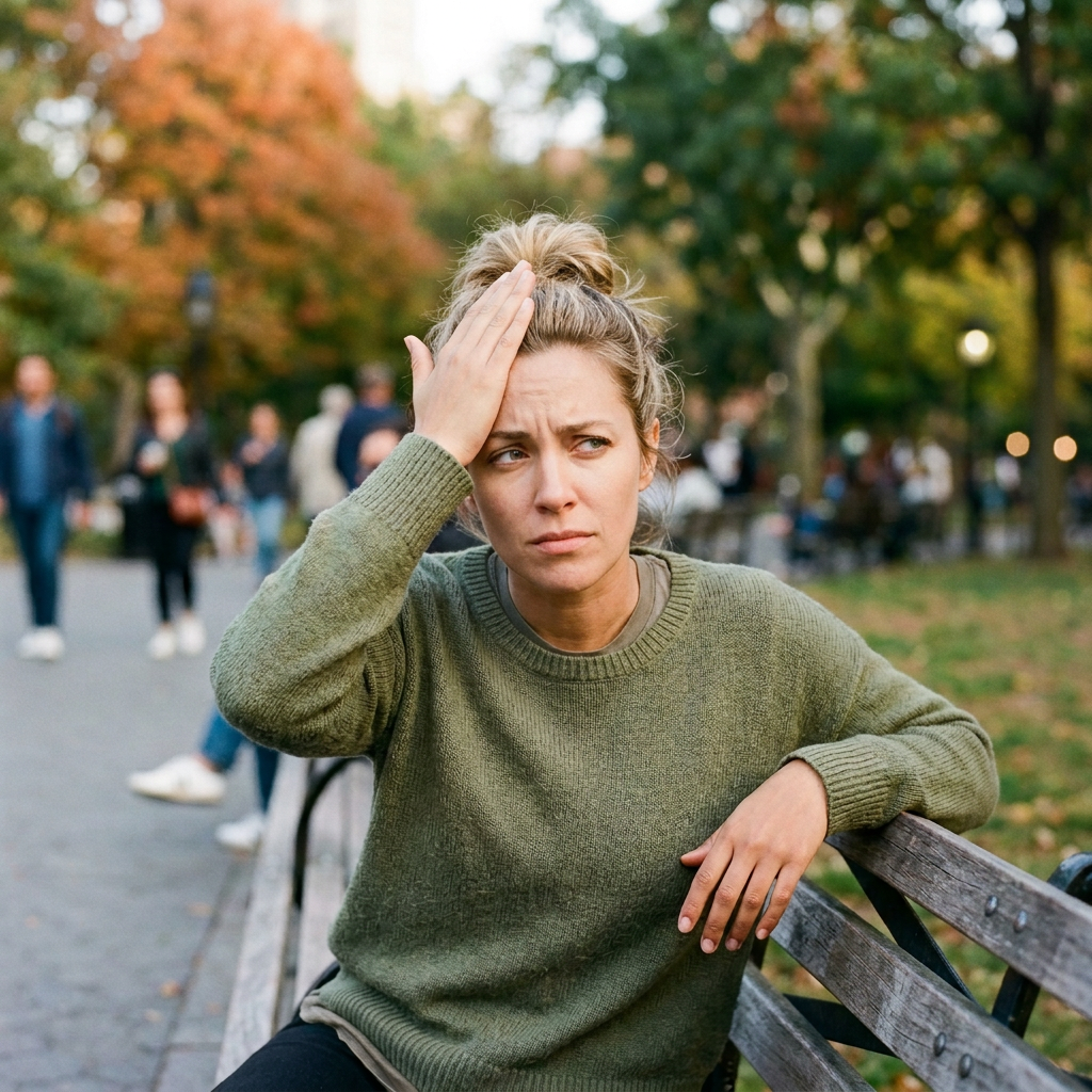 Blonde white woman reacting alone
